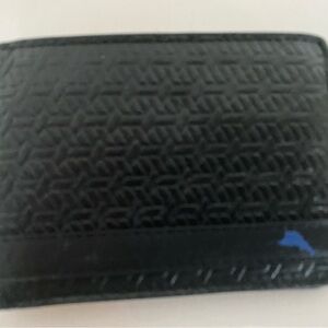 TOMMY BAHAMA LOGO MENS NEW BLACK BASKET WEAVE LEATHER BILLFOLD BIFOLD WALLET